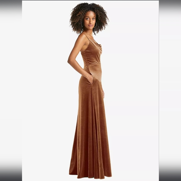 After Six Cowl-Neck Velvet Maxi Dress With Pockets In Golden Almond - Picture 3 of 12